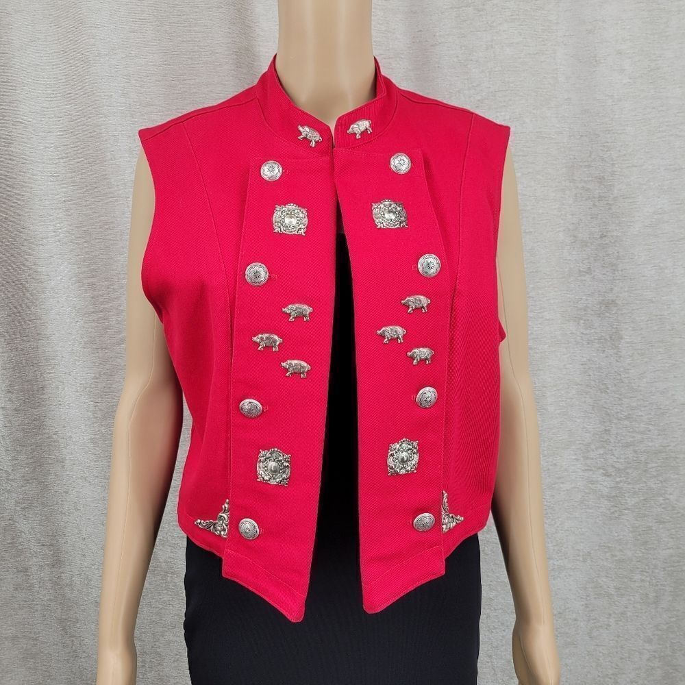 Cactus Flower Vintage Red Vest Silver Metal Accents Pigs Kitchy Western